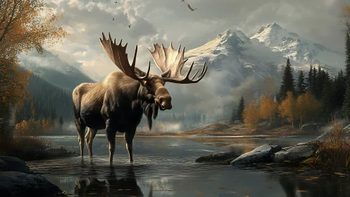 Moose monarch wades through mirror lake beneath snowy giants