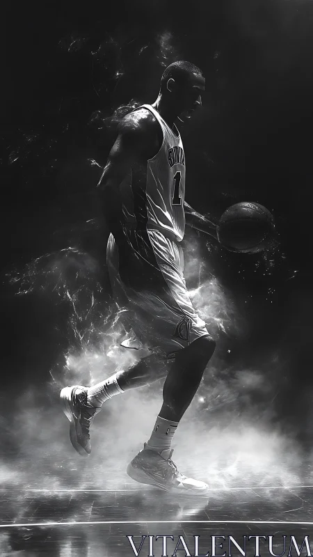 Monochrome digital rendering shows basketball player dribbling