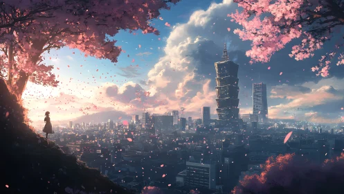 Girl observing futuristic city under pink cherry blossoms.