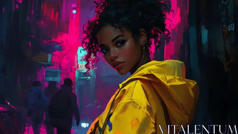 Confident woman in yellow coat under neon city glow.