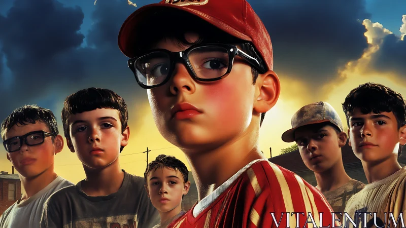 Group of boys stand outdoors under dramatic cloudy sky