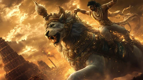 Mythic warrior riding armored lion under volumetric golden sky