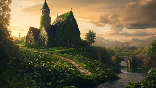 Stone chapel with ivy in rural riverside mountain valley.