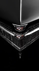 Front view closeup of chrome vintage car grille and emblem.