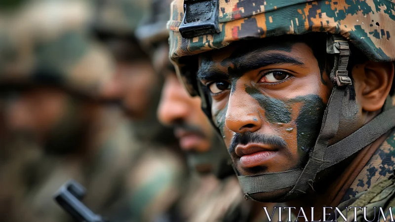 Soldier with camouflage face paint maintains focused frontline stare