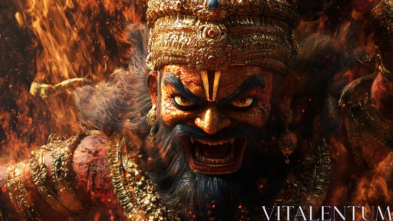 High-detail 3D demon deity bust with ornate armor amid volumetric fire
