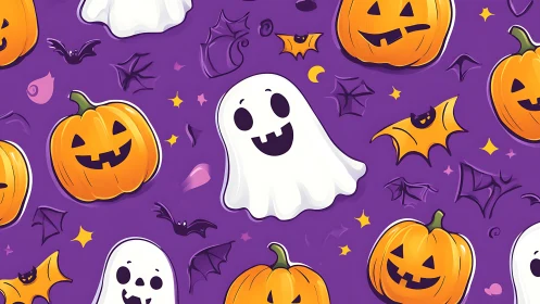 Playful Halloween ghosts and pumpkins on saturated violet field