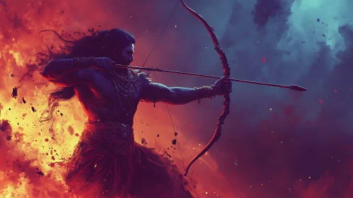 Mythic archer draws flaming bow amid storm and fire.
