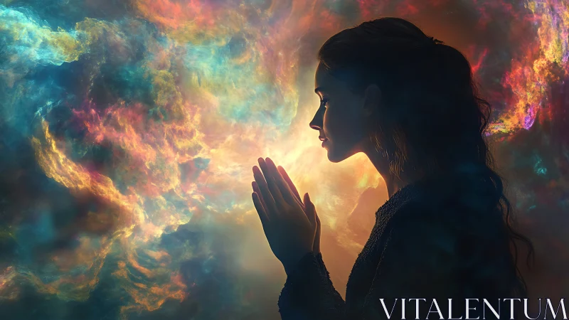 Woman in glowing nebula light finds a quiet moment of wonder.