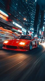 Scarlet sports car slices through a neon city night in motion