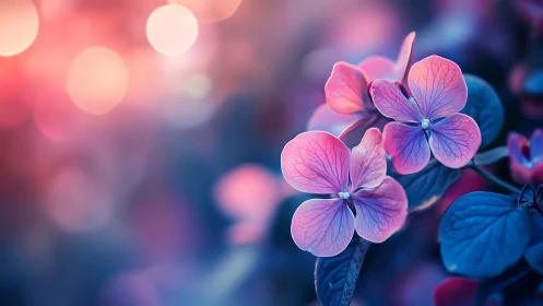 Pink hydrangea flowers with blurred bokeh background.