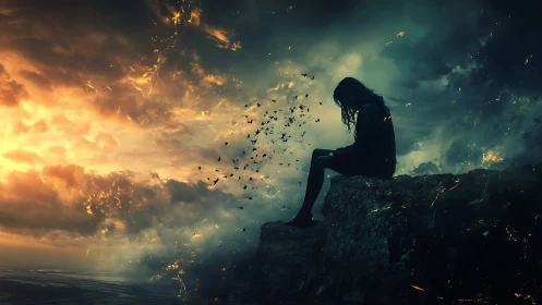 Solitary dreamer resting on a cliff between storm and fire.