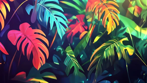 Color-saturated tropical leaves overlap against dark background