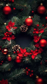 Photorealistic Christmas wreath framing dark central void.