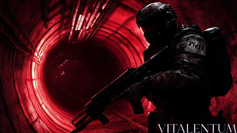 Tactical soldier silhouette in red-illuminated tunnel environment.