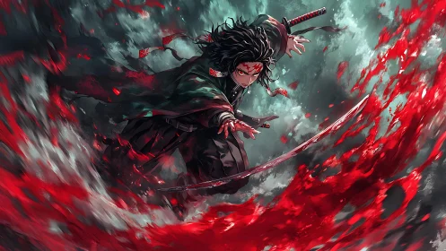 Fierce anime swordsman carving a storm of red power.
