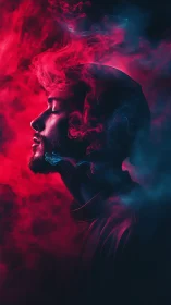 Portrait in neon smoke with dual-tone cinematic lighting.