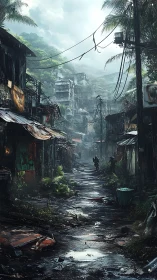 Post-apocalyptic tropical slum alley with armed patrol units