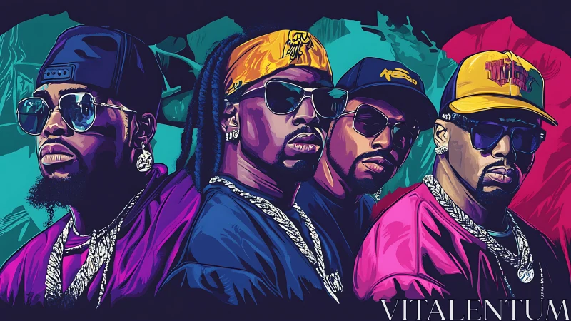 Bold hip hop portrait lineup in neon graphic style.