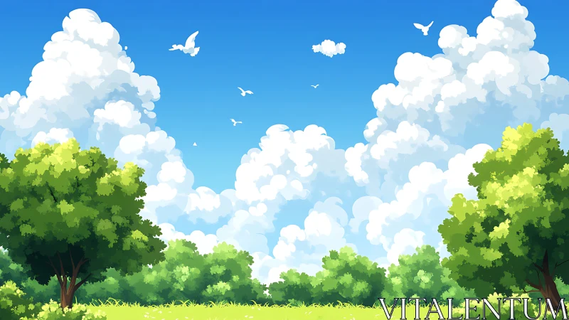 Bright green meadow under towering clouds and blue sky.