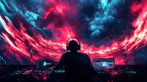 Music producer at console under swirling neon sky vortex.