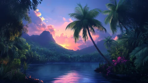 Tropical Sunset Over Mountain Lake with Palm Trees.