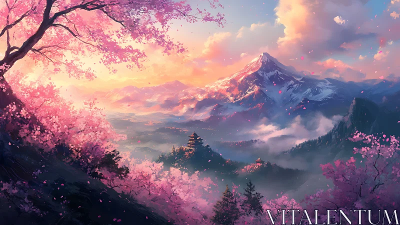 Mountain valley with cherry blossoms and distant pagoda view.