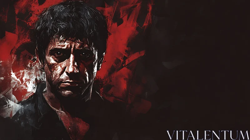 Brooding man portrait framed by violent red abstraction