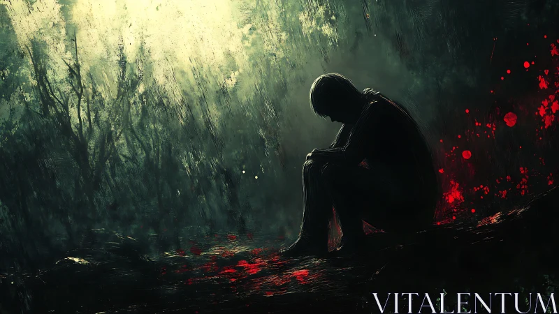 Solitary figure broods on a blood-stained forest floor.