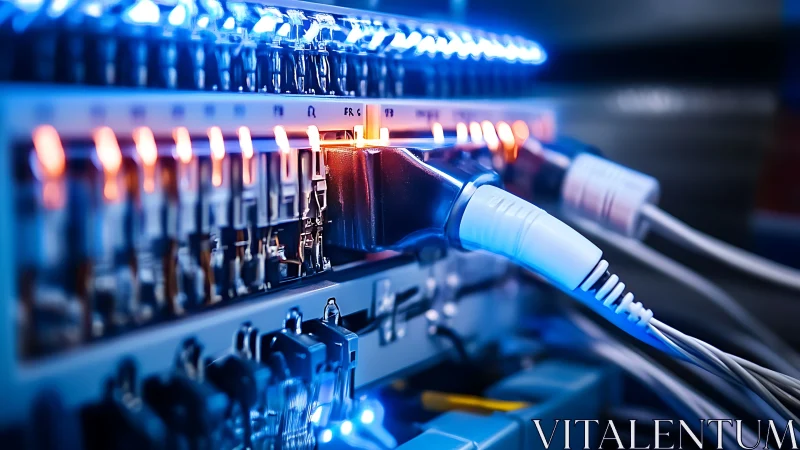 Network cables glow in a blue lit server rack environment