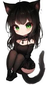 Emerald eyed goth neko girl in chibi anime style portrait.