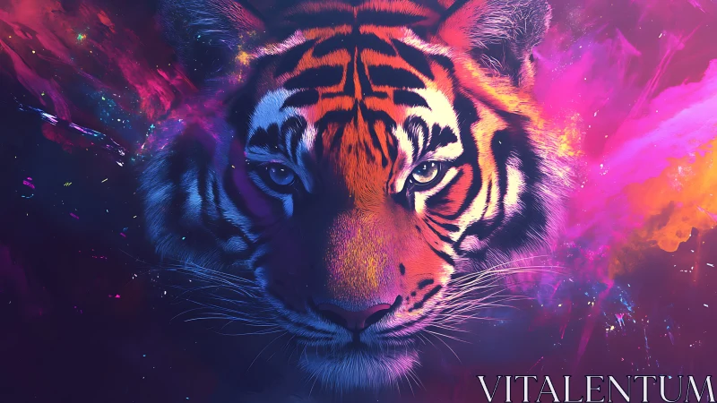 Vibrant cosmic tiger emerges through neon color storms