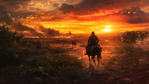 Lone cowboy on horseback riding toward burning frontier town.