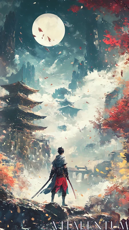 Lone swordsman under full moon in misty mountain temple.