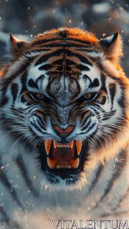 Fierce snow tiger roars forward with icy, blazing focus