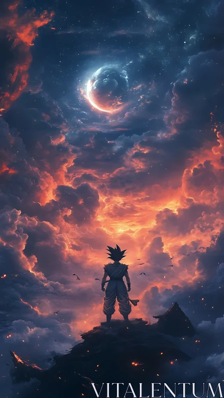 Starlit warrior gazes into a stormy newborn cosmos.