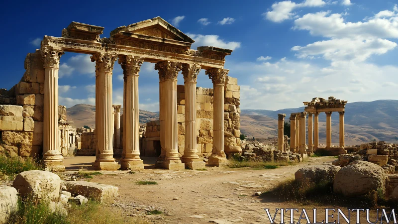 Sunlit ancient temple ruins stand over a desert valley.