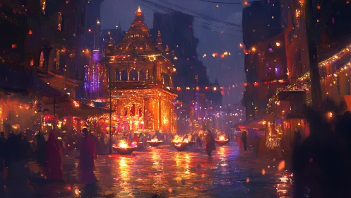 Temple festival night market under glowing lantern rain.