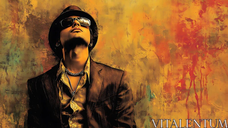 Stylish man in hat against abstract orange grunge wall.