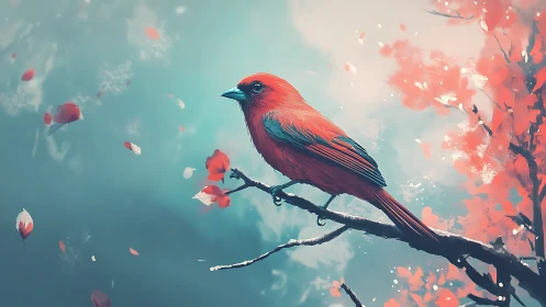 Scarlet songbird poised amid drifting petals in teal mist.