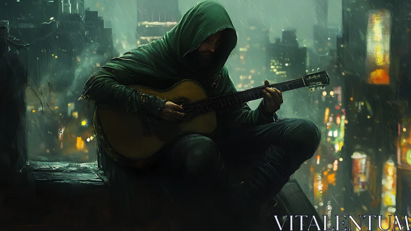 Hooded guitarist plays over neon city in pouring rain.