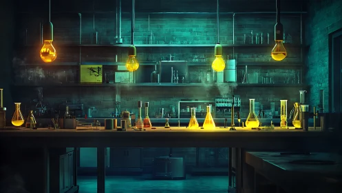 Moody laboratory interior with glowing chemical glassware.