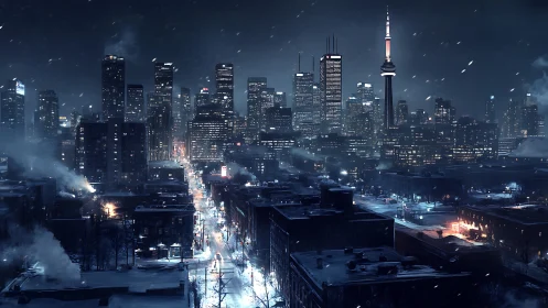 Snowy night cityscape glows under towering skyline lights.