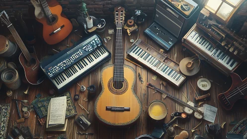 Sunlit studio of tangled strings, dusty keys, and quiet echoes.