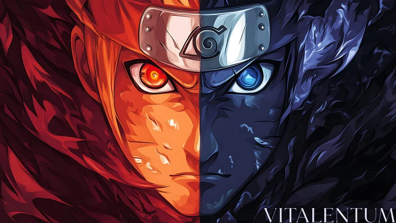 Split-face anime portrait contrasts warm and cool tonal halves