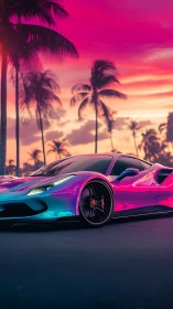 Iridescent supercar glides under neon tropical sunset sky
