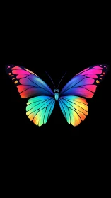 Neon gradient butterfly glows against deep black background.