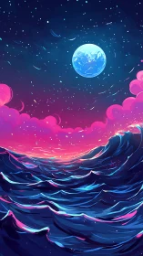 Chromatic cosmic seascape with stylized waves under luminous moon