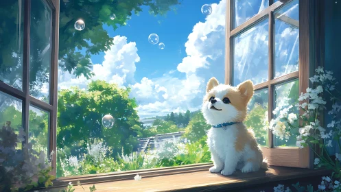 Puppy on sunlit windowsill gazes at drifting soap bubbles