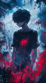Bleeding-hearted anime boy amid turbulent crimson haze.
